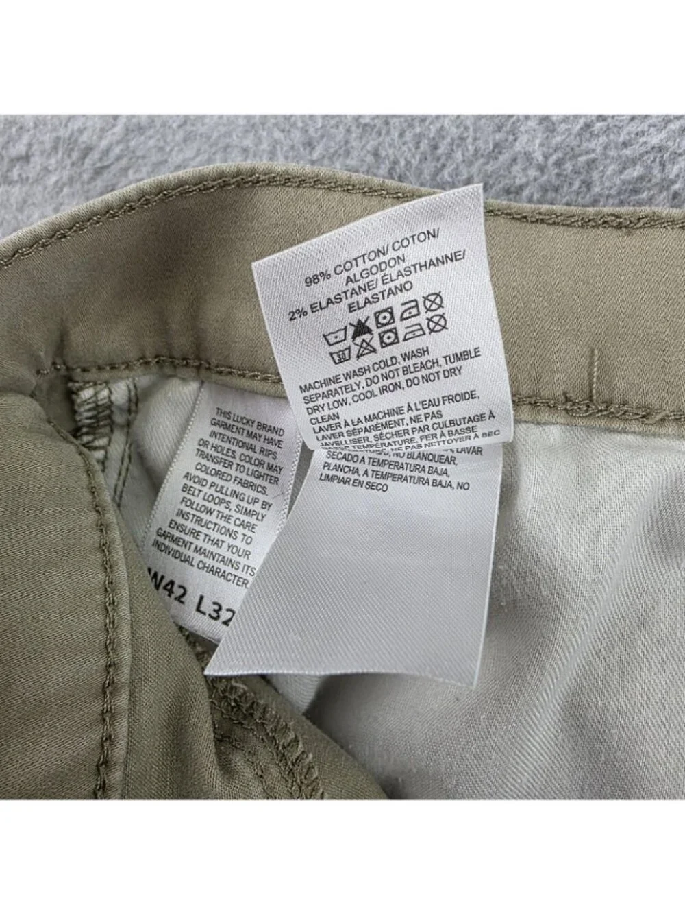 Lucky Brand 223 Straight Pants Mens 42x32 Beige Chino Stretch Casual Cotton